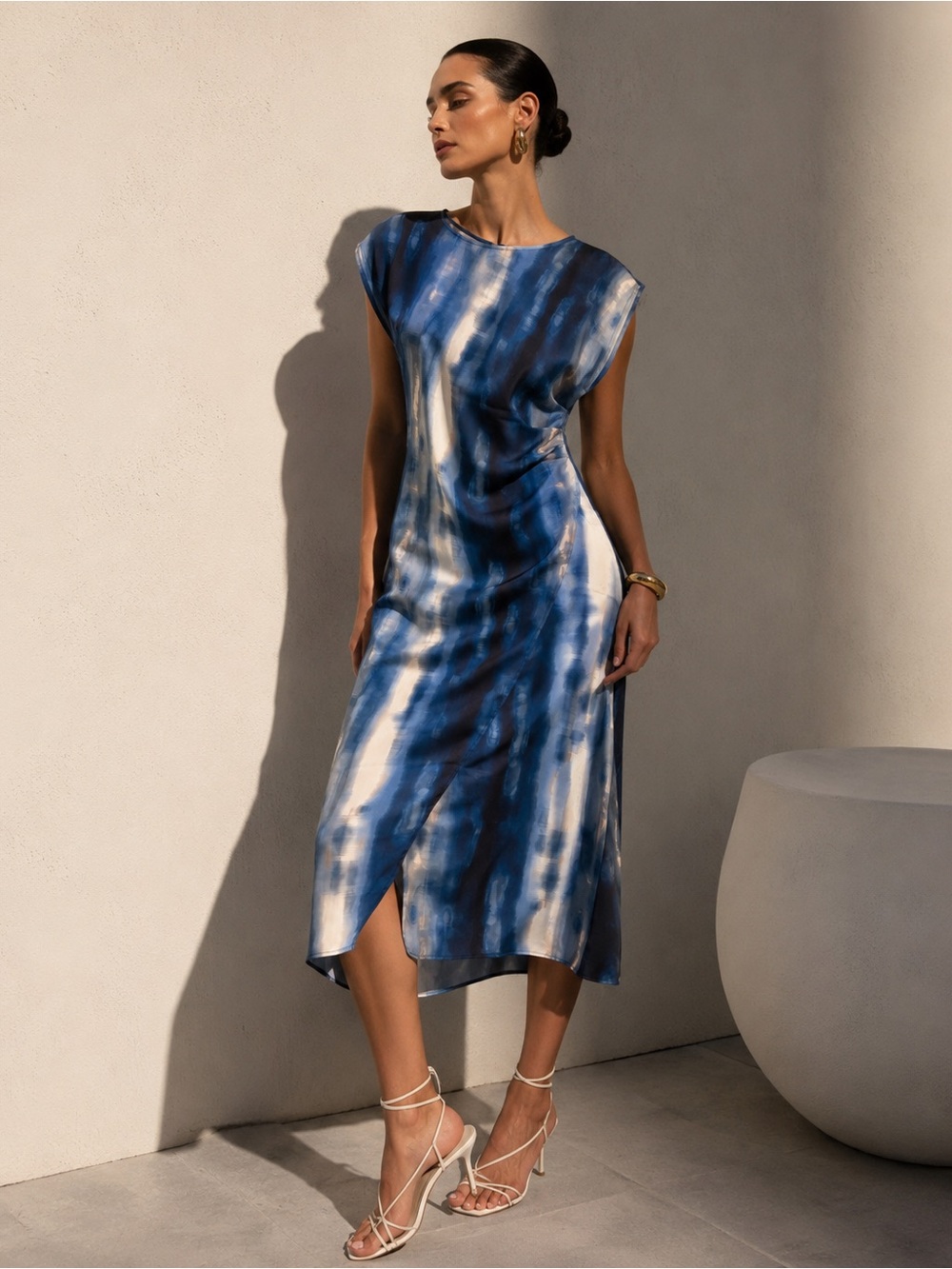 LUXELY Blue Abstract Print Draped Midi 
Dress Size 2 NWT Elegant Occasion